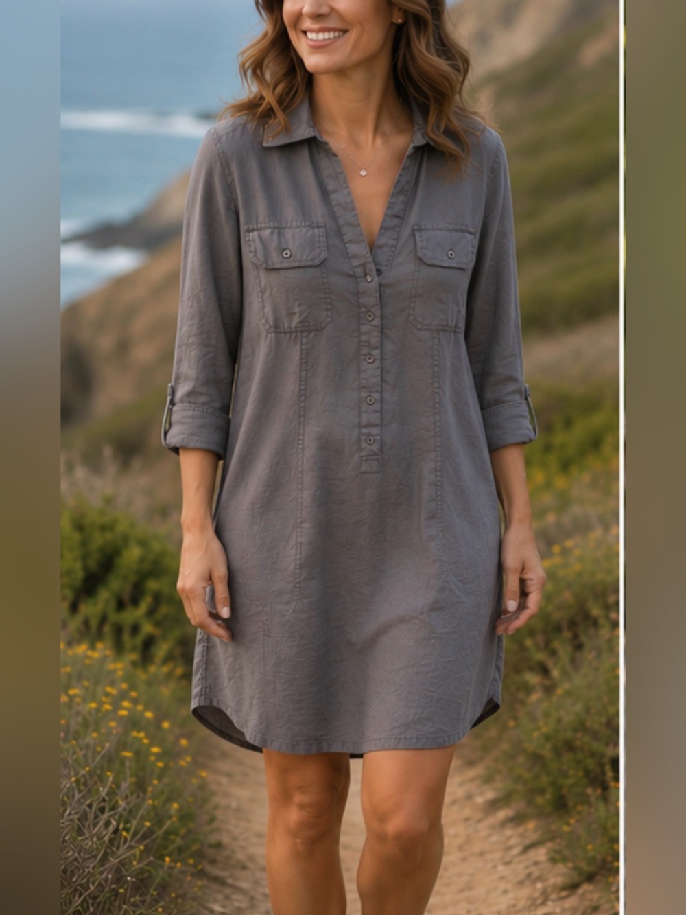 Boden 100% Linen Gray Midi Long Sleeve Shirt Dress Size 4 Breathable Structured
